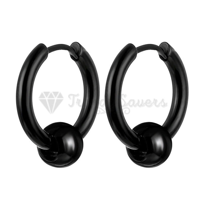 16MM Vintage Punk Black Bead Ball Huggie Hinged Endless Loop Hoop Earrings Pair