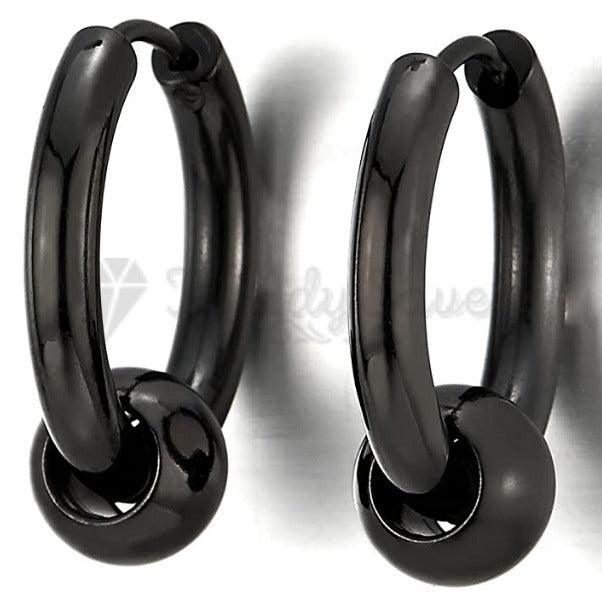 18MM Hypoallergenic Black Bead Ball Clicker Huggie Hinged Ear Hoop Earrings Pair