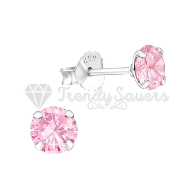 7MM Pink CZ Crystals Stud Earrings 925 Sterling Silver Womens Jewellery New UK