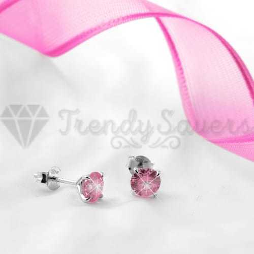 7MM Pink CZ Crystals Stud Earrings 925 Sterling Silver Womens Jewellery New UK