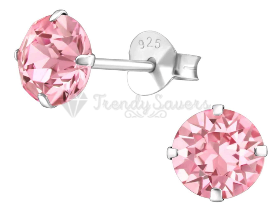 7MM Pink CZ Crystals Stud Earrings 925 Sterling Silver Womens Jewellery New UK