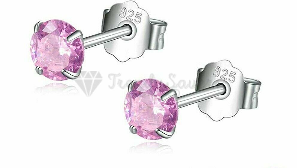 7MM Pink CZ Crystals Stud Earrings 925 Sterling Silver Womens Jewellery New UK