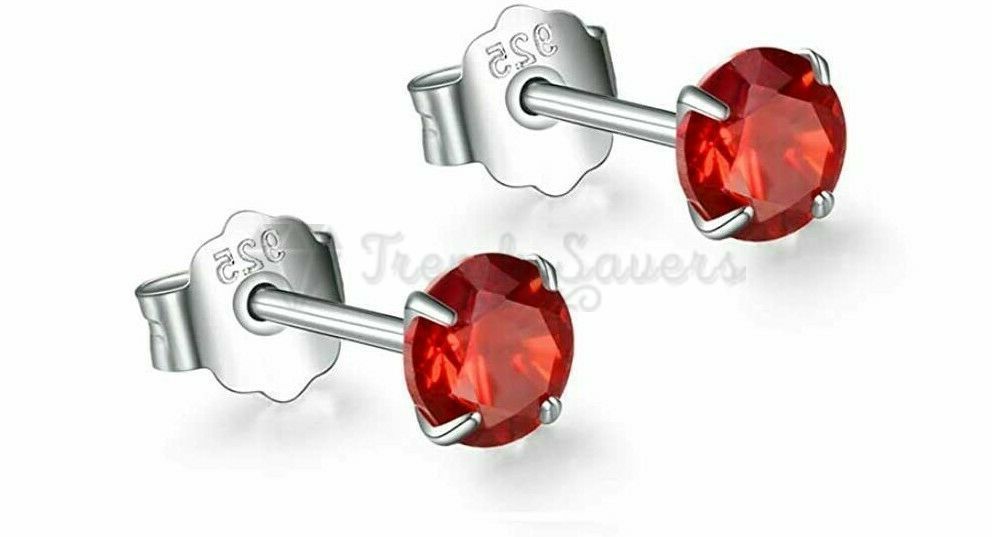 7MM Red Rhinestone Crystal 925 Sterling Silver Ear Stud Earrings Women Jewellery