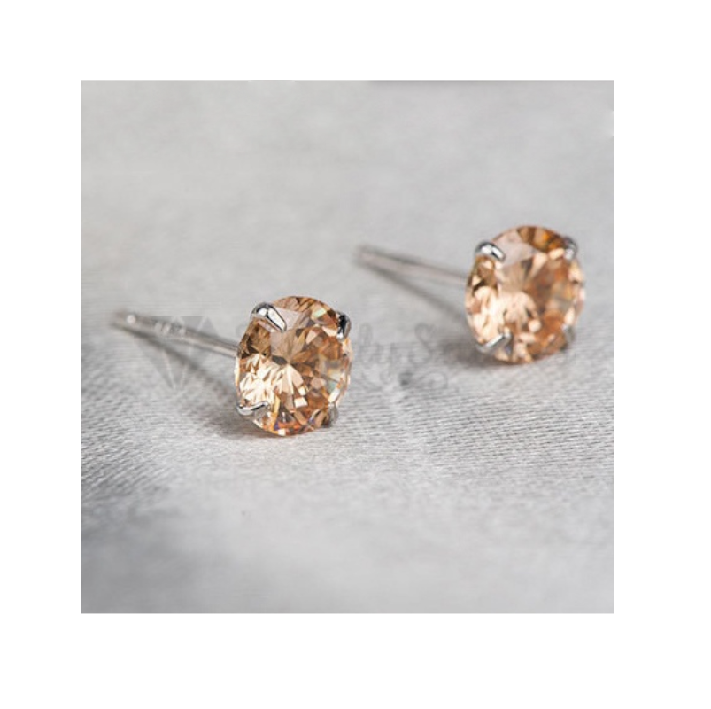 Solid 925 Sterling Silver Crystal Champagne Stud Sleeper Earrings Piercing 6MM