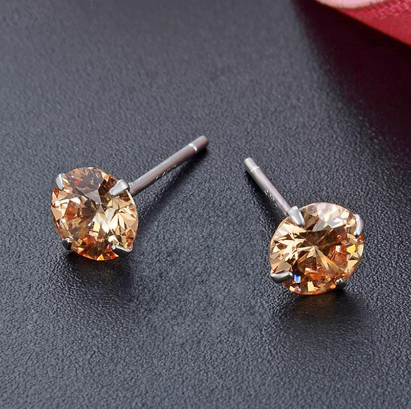 Solid 925 Sterling Silver Crystal Champagne Stud Sleeper Earrings Piercing 6MM