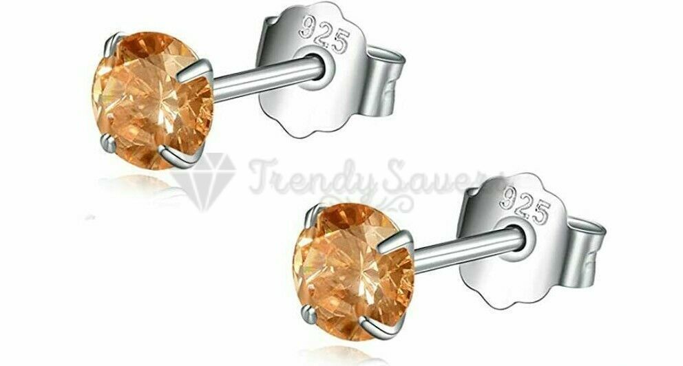 Solid 925 Sterling Silver Crystal Champagne Stud Sleeper Earrings Piercing 6MM