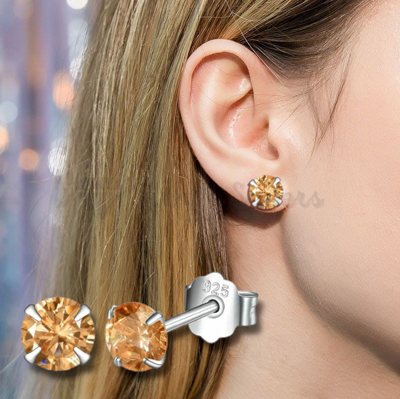 8MM Champagne CZ Stud Earrings 925 Sterling Silver Womens Ladies Jewellery Gifts