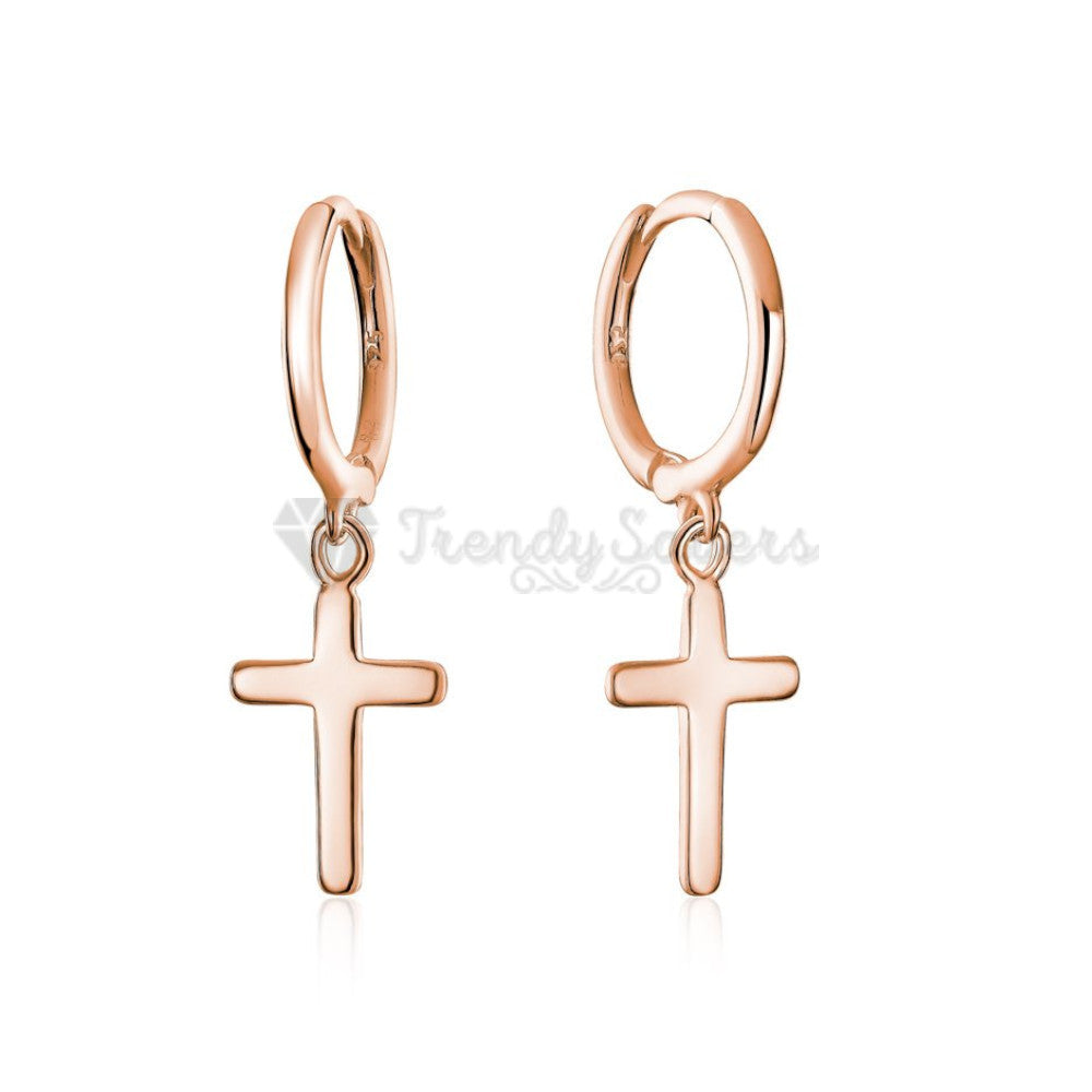 Hypoallergenic 925 Sterling Silver Rose Gold Faith Cross Hoop Huggie Earrings Unisex