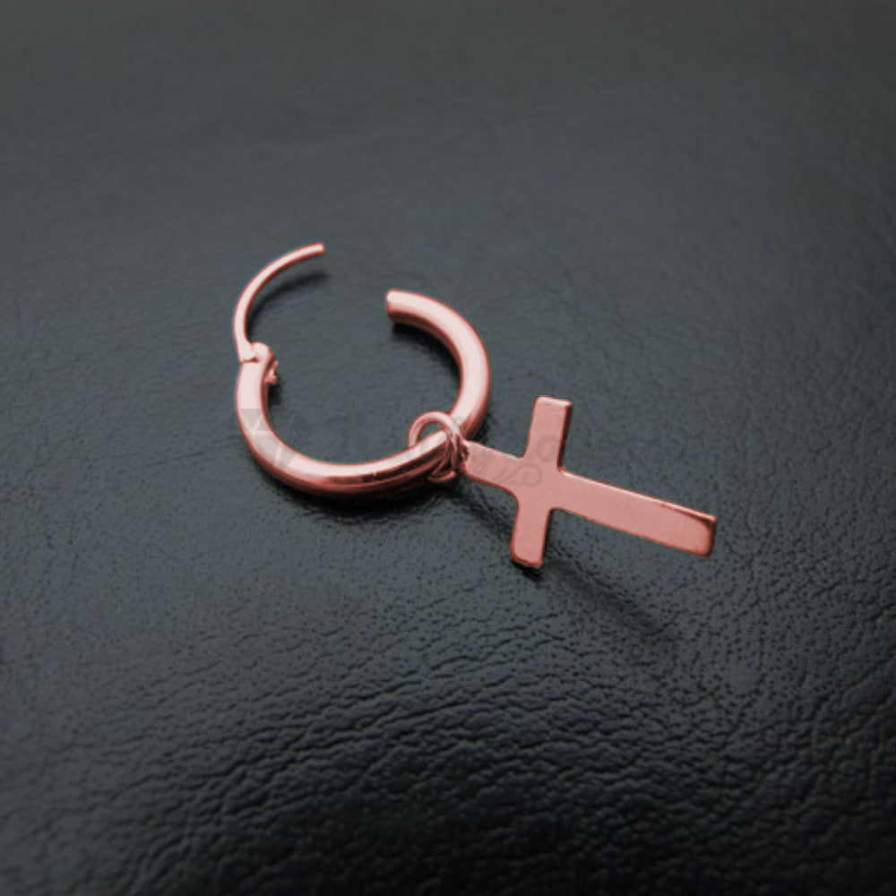 Hypoallergenic 925 Sterling Silver Rose Gold Faith Cross Hoop Huggie Earrings Unisex