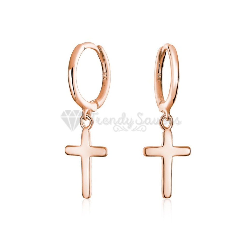 Hypoallergenic 925 Sterling Silver Rose Gold Faith Cross Hoop Huggie Earrings Unisex