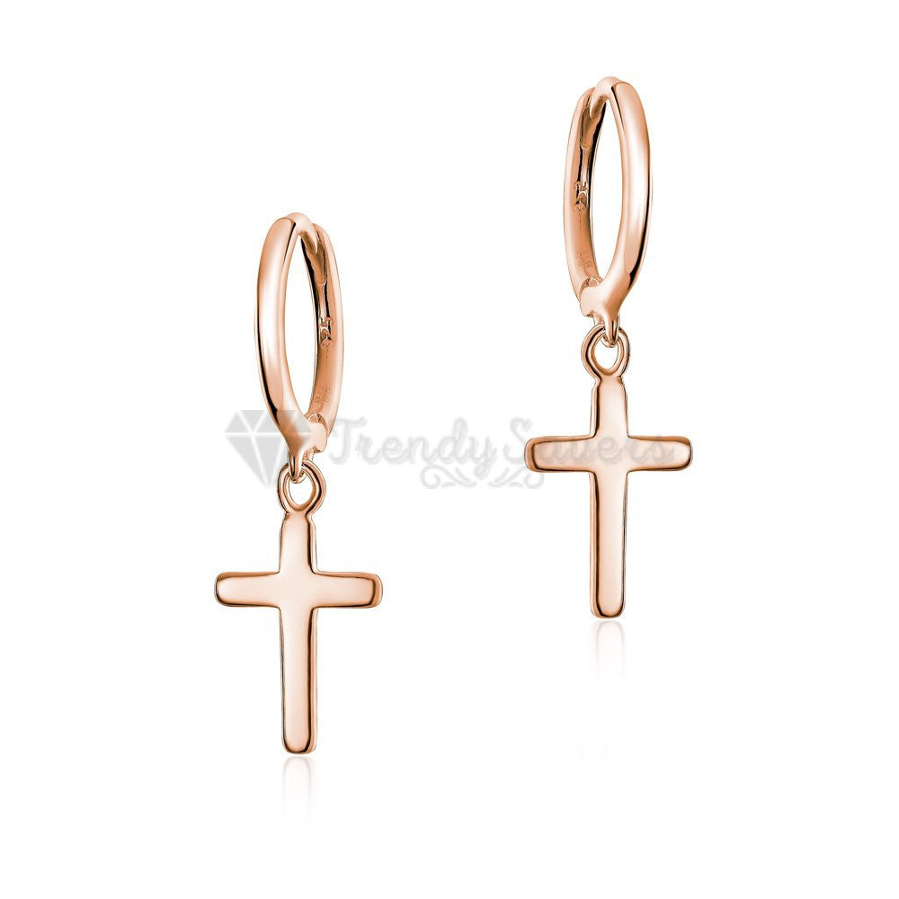 Hypoallergenic 925 Sterling Silver Rose Gold Faith Cross Hoop Huggie Earrings Unisex