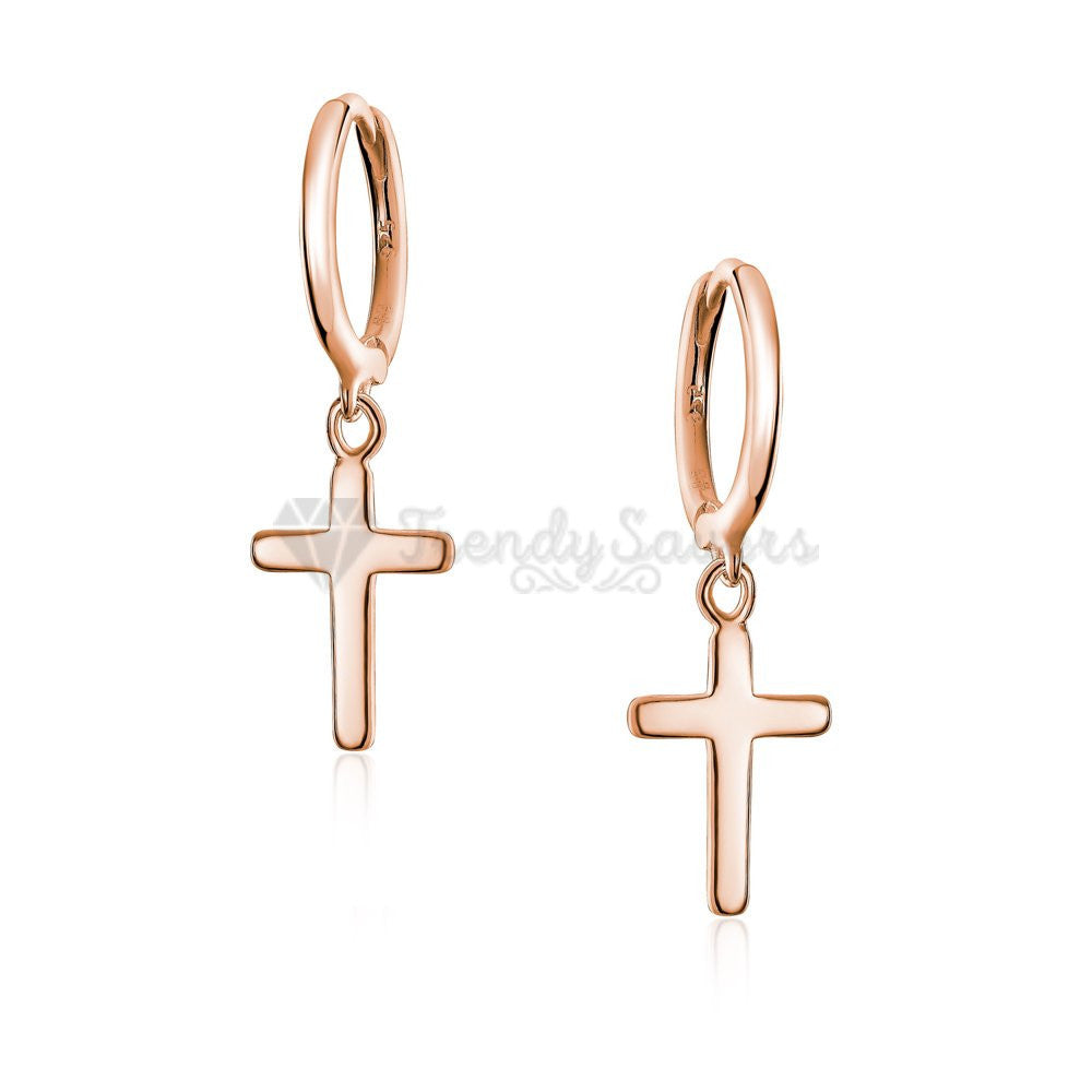 Hypoallergenic 925 Sterling Silver Rose Gold Faith Cross Hoop Huggie Earrings Unisex