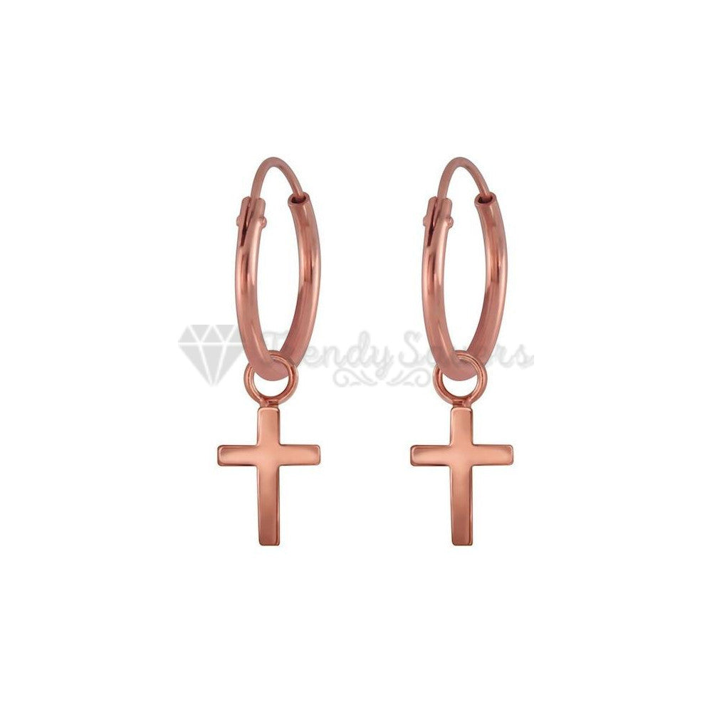 Hypoallergenic 925 Sterling Silver Rose Gold Faith Cross Hoop Huggie Earrings Unisex