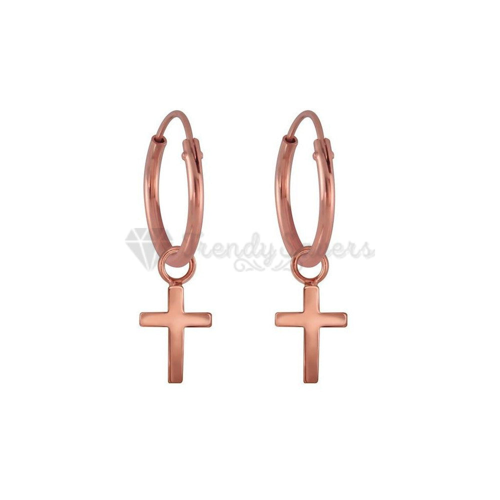 Hypoallergenic 925 Sterling Silver Rose Gold Faith Cross Hoop Huggie Earrings Unisex