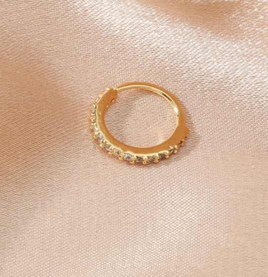 Gold Cartilage Cubic Zirconia Cuff Lip Huggie Hoop Nose Ear Helix Rings 10MM