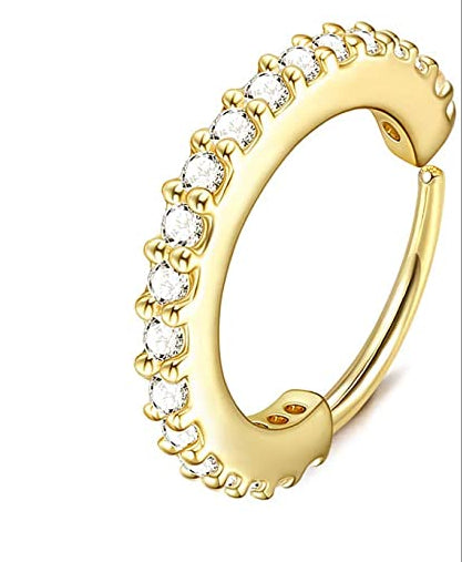 Gold Cartilage Cubic Zirconia Cuff Lip Huggie Hoop Nose Ear Helix Rings 10MM