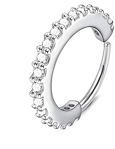 Labret Piercing Silver Cubic Zirconia Cuff Helix Huggie Lip Nose Hoop Ring 6MM