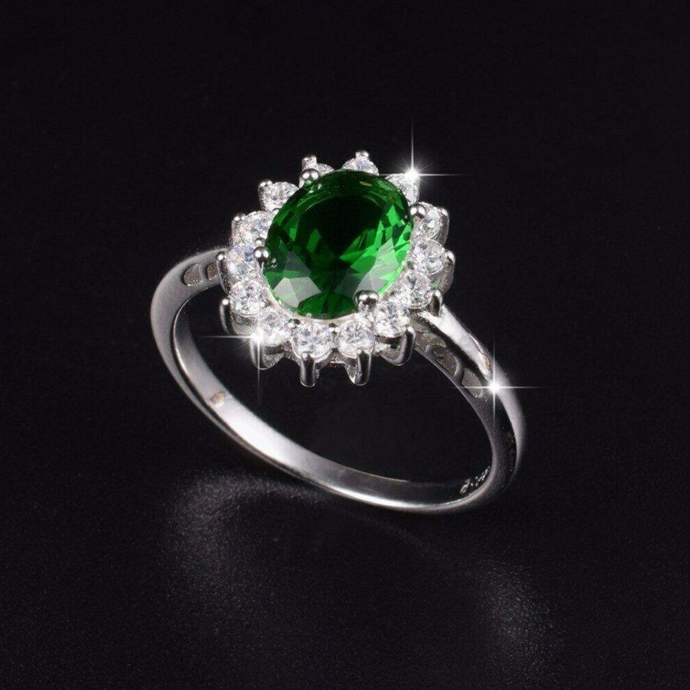 Size 9 (19mm) S - T Elegant Oval Cut Emerald Gemstone Thin Band Engagement Ring