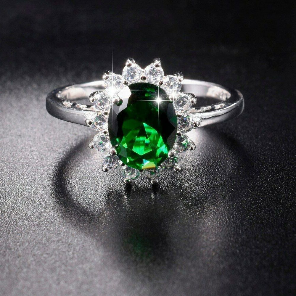 Size 9 (19mm) S - T Elegant Oval Cut Emerald Gemstone Thin Band Engagement Ring