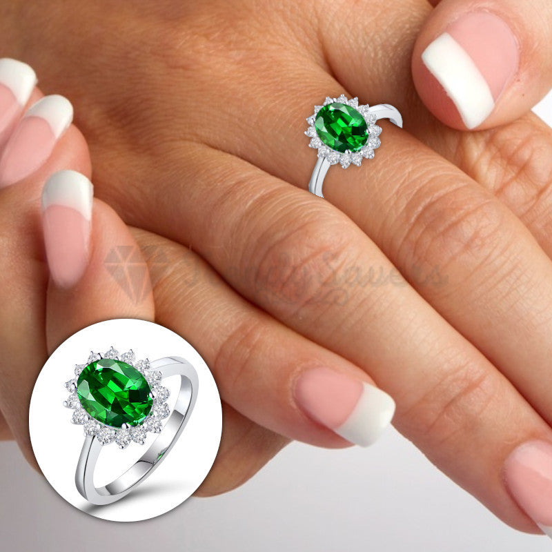 Size 9 (19mm) S - T Elegant Oval Cut Emerald Gemstone Thin Band Engagement Ring