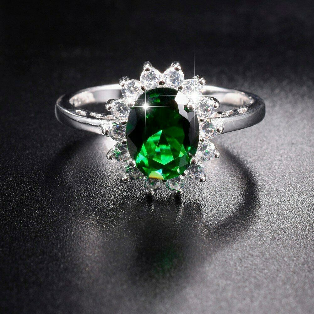 Size 9 (19mm) S - T Elegant Oval Cut Emerald Gemstone Thin Band Engagement Ring
