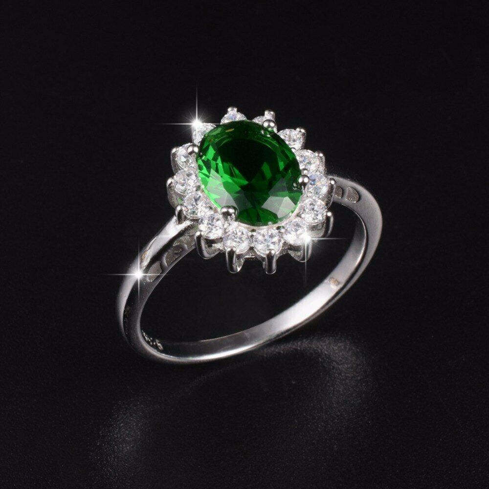 Size 9 (19mm) S - T Elegant Oval Cut Emerald Gemstone Thin Band Engagement Ring