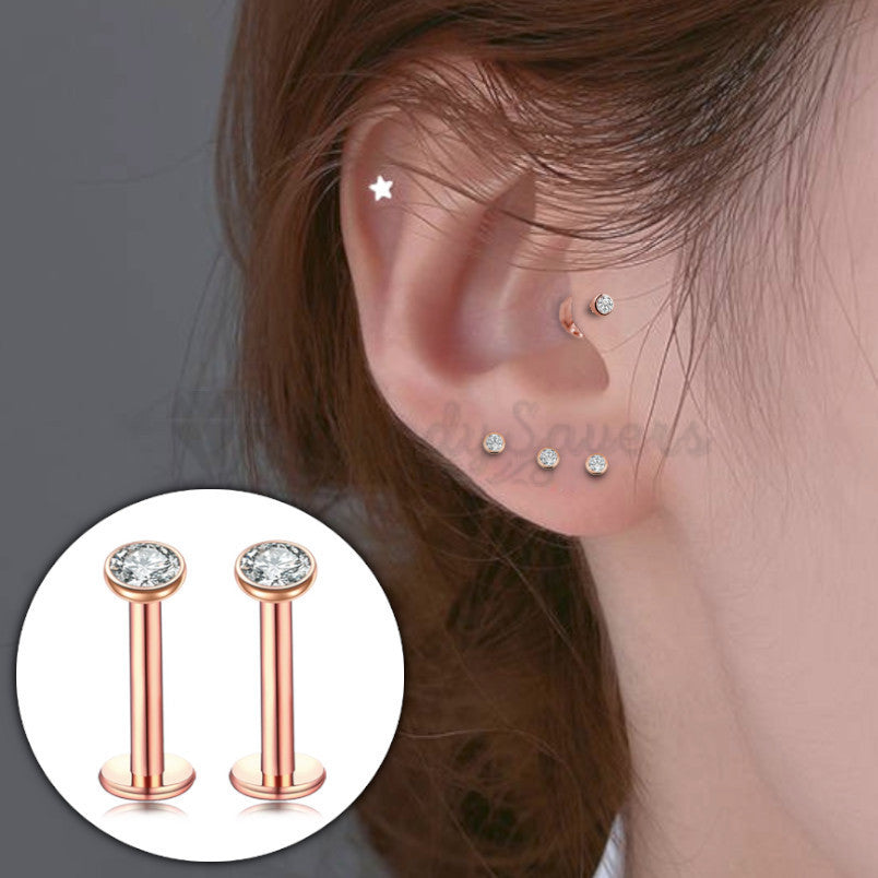 2x Internally Threaded Rose Gold Labret Monroe Bars Ear Nose Lip Piercings 2MM