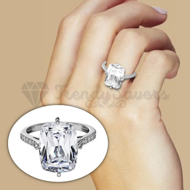Size 9 (19mm) S - T Rectangle CZ Solitaire Engagement Promise Ring Silver Band