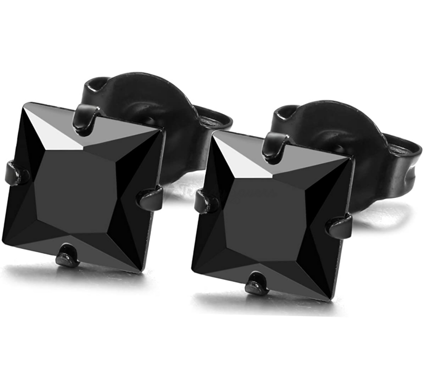 Stainless Steel 4MM Princess Cut Cubic Zirconia Black Screw Post Stud Earrings