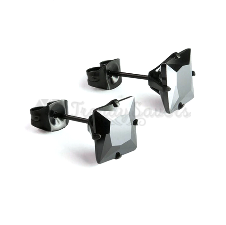 Stainless Steel 4MM Princess Cut Cubic Zirconia Black Screw Post Stud Earrings