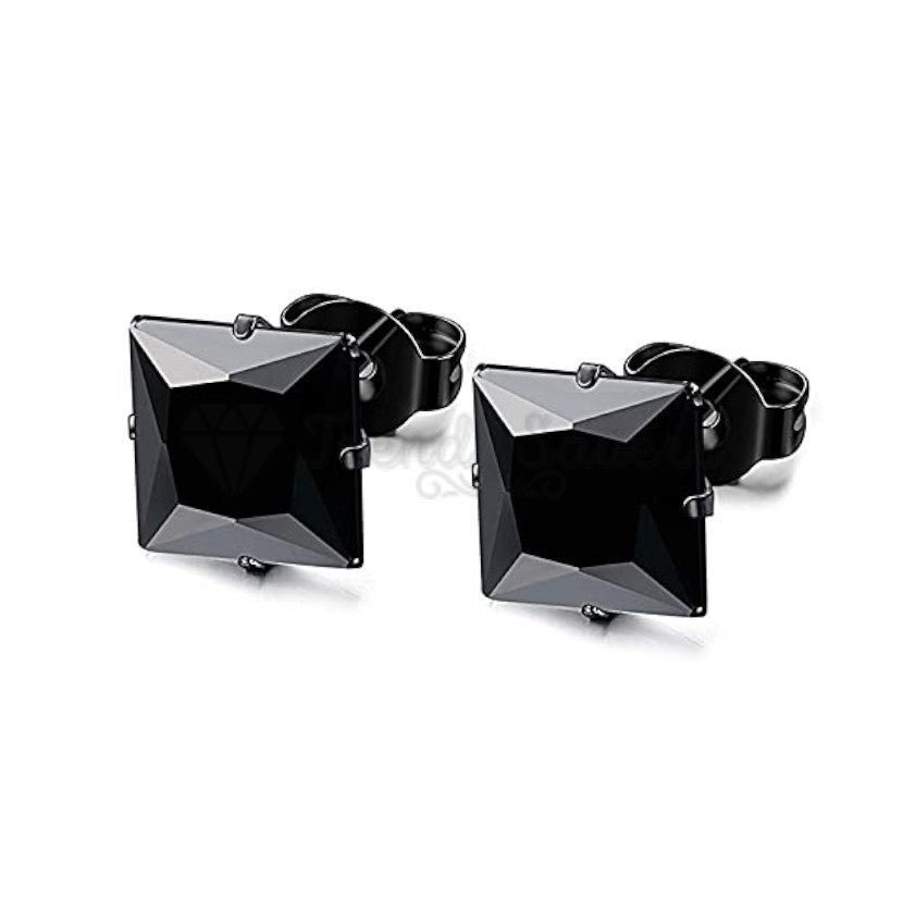 Stainless Steel 4MM Princess Cut Cubic Zirconia Black Screw Post Stud Earrings