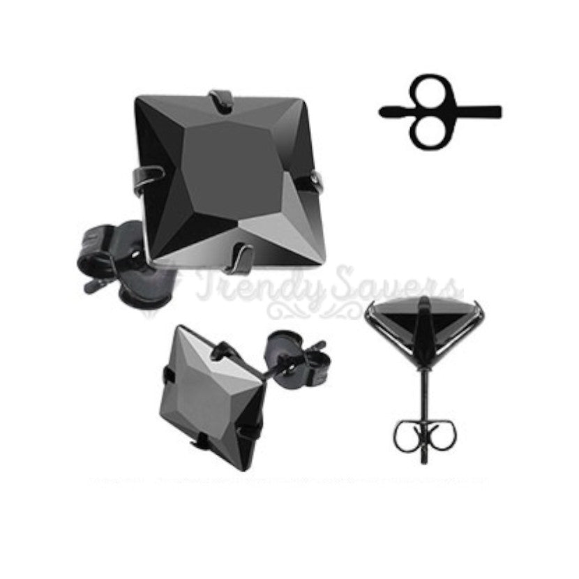 Stainless Steel 4MM Princess Cut Cubic Zirconia Black Screw Post Stud Earrings