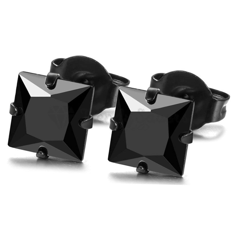 Stainless Steel 4MM Princess Cut Cubic Zirconia Black Screw Post Stud Earrings