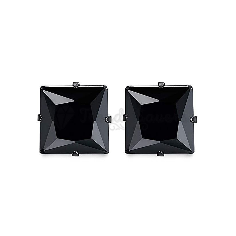 Stainless Steel 4MM Princess Cut Cubic Zirconia Black Screw Post Stud Earrings