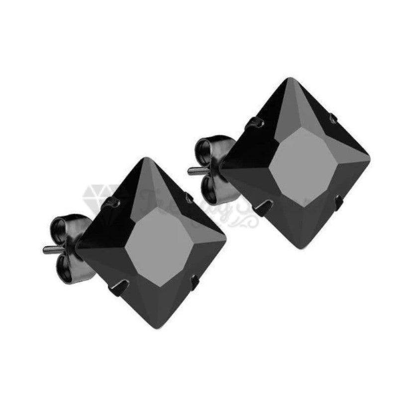 Stainless Steel 4MM Princess Cut Cubic Zirconia Black Screw Post Stud Earrings