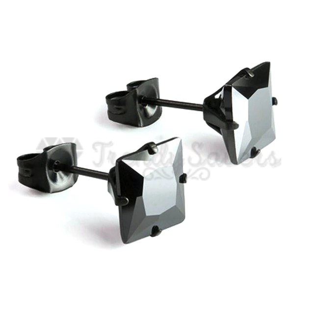 Stainless Steel 4MM Princess Cut Cubic Zirconia Black Screw Post Stud Earrings