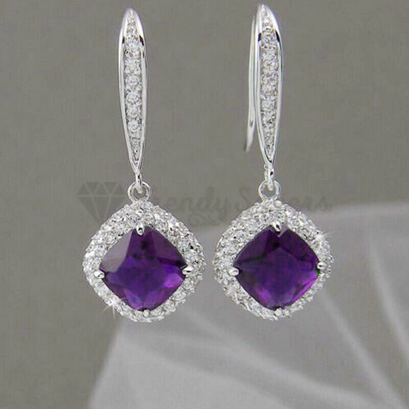 Hypoallergenic 925 Sterling Silver Square Drop Purple Vintage Wedding Earrings