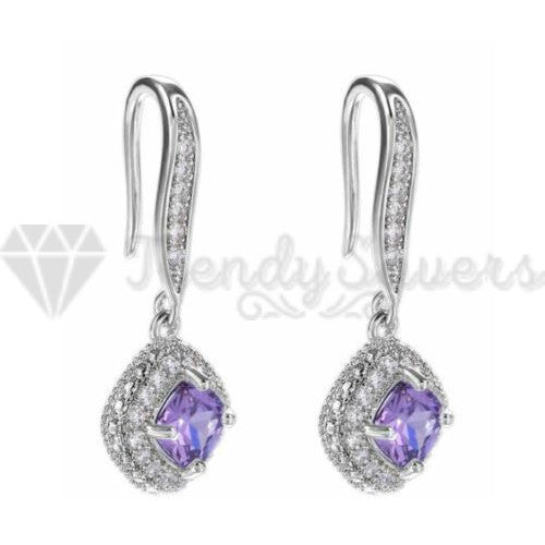 Hypoallergenic 925 Sterling Silver Square Drop Purple Vintage Wedding Earrings