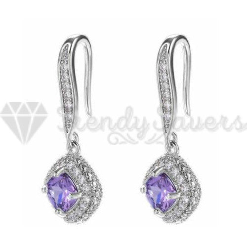 Hypoallergenic 925 Sterling Silver Square Drop Purple Vintage Wedding Earrings