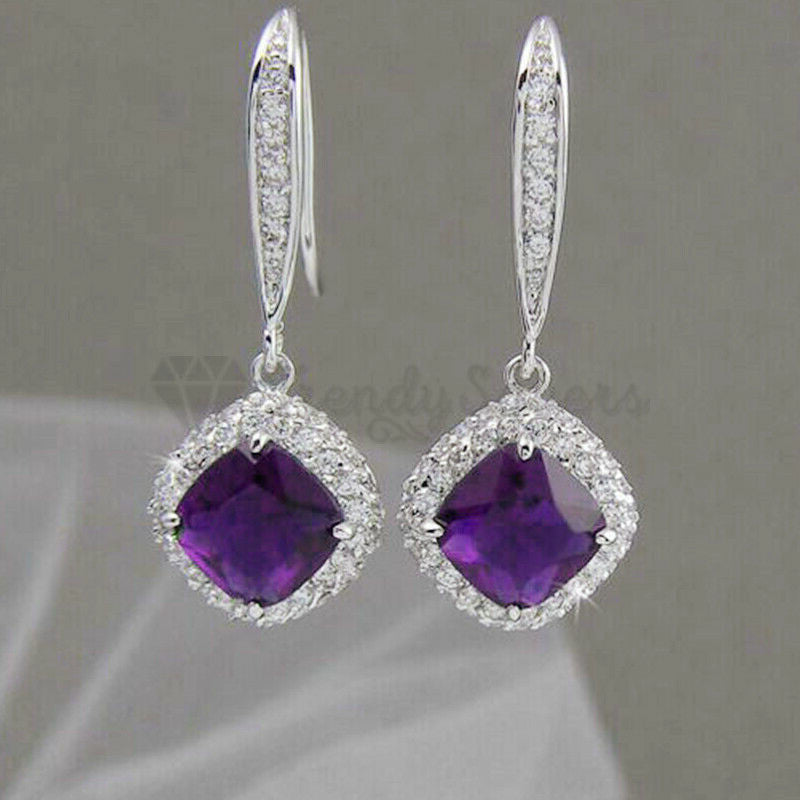 Hypoallergenic 925 Sterling Silver Square Drop Purple Vintage Wedding Earrings