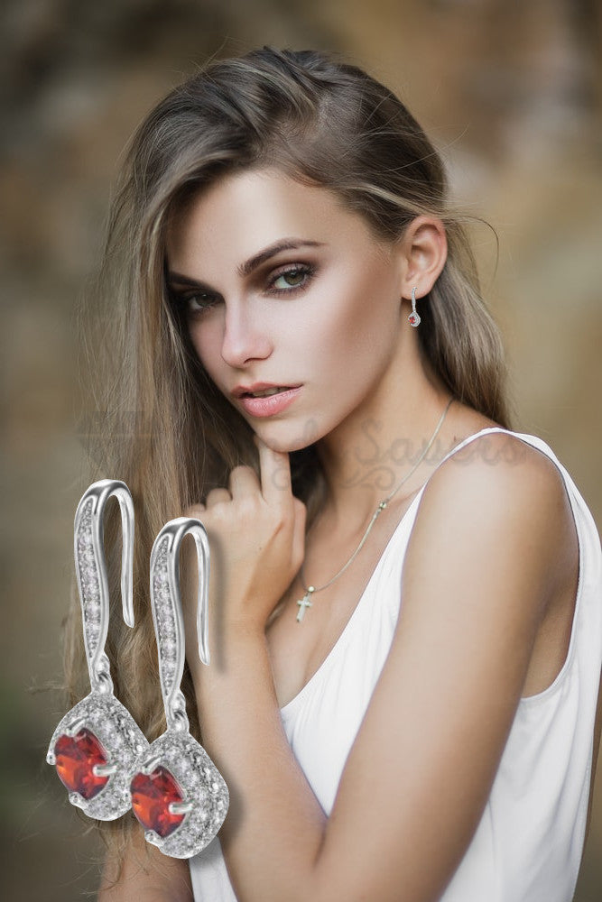 Hypoallergenic 925 Sterling Silver Square Drop Red Vintage Wedding Earrings