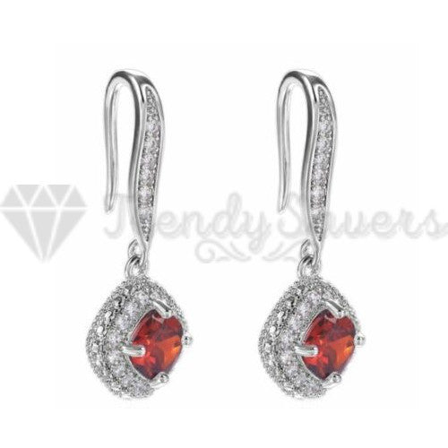 Hypoallergenic 925 Sterling Silver Square Drop Red Vintage Wedding Earrings