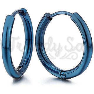 8MM Huggie Hoop Round Creole Clicker Blue Tone Surgical Steel Fashion Earrings