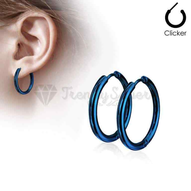 8MM Huggie Hoop Round Creole Clicker Blue Tone Surgical Steel Fashion Earrings