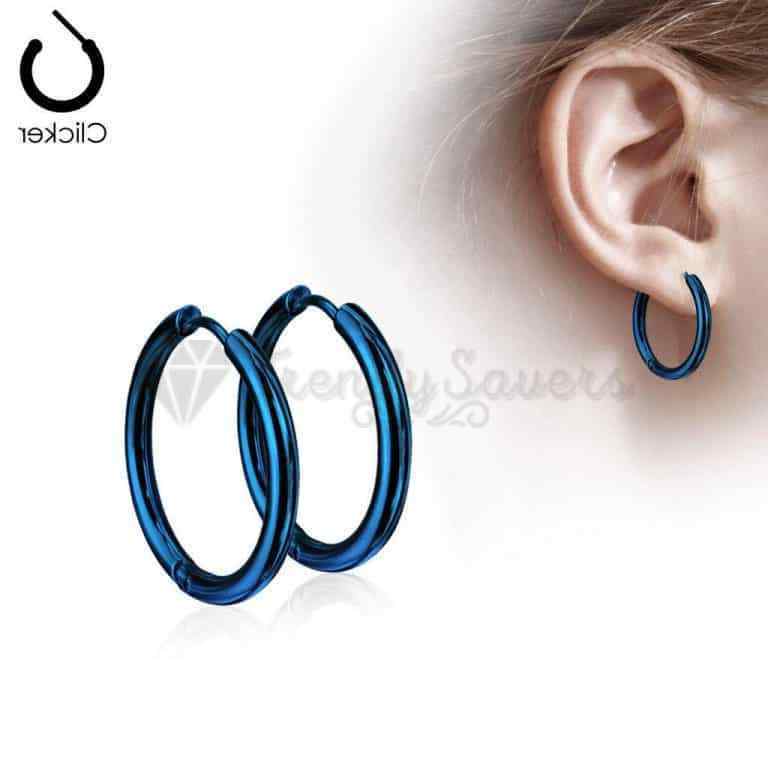 8MM Huggie Hoop Round Creole Clicker Blue Tone Surgical Steel Fashion Earrings