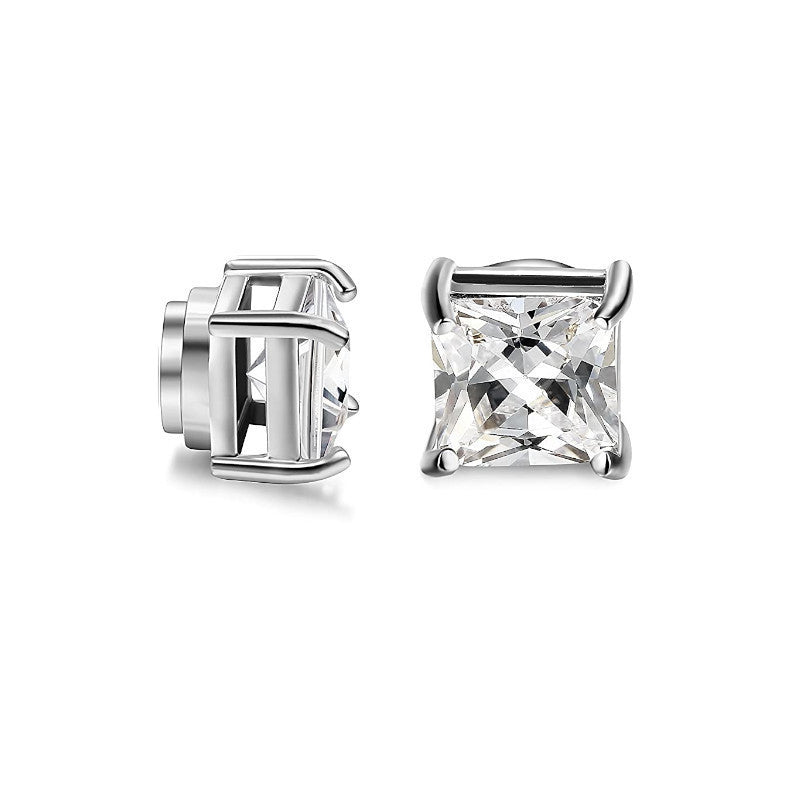 Classic 8MM Surgical Steel Magnetic Clip White Square CZ Crystals Stud Earrings