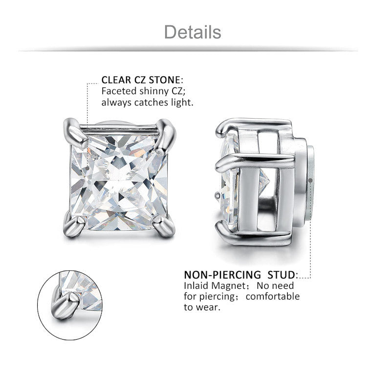 Classic 8MM Surgical Steel Magnetic Clip White Square CZ Crystals Stud Earrings