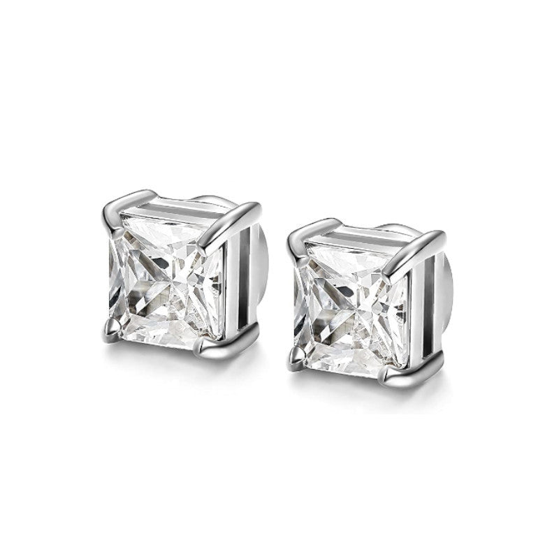 Classic 8MM Surgical Steel Magnetic Clip White Square CZ Crystals Stud Earrings