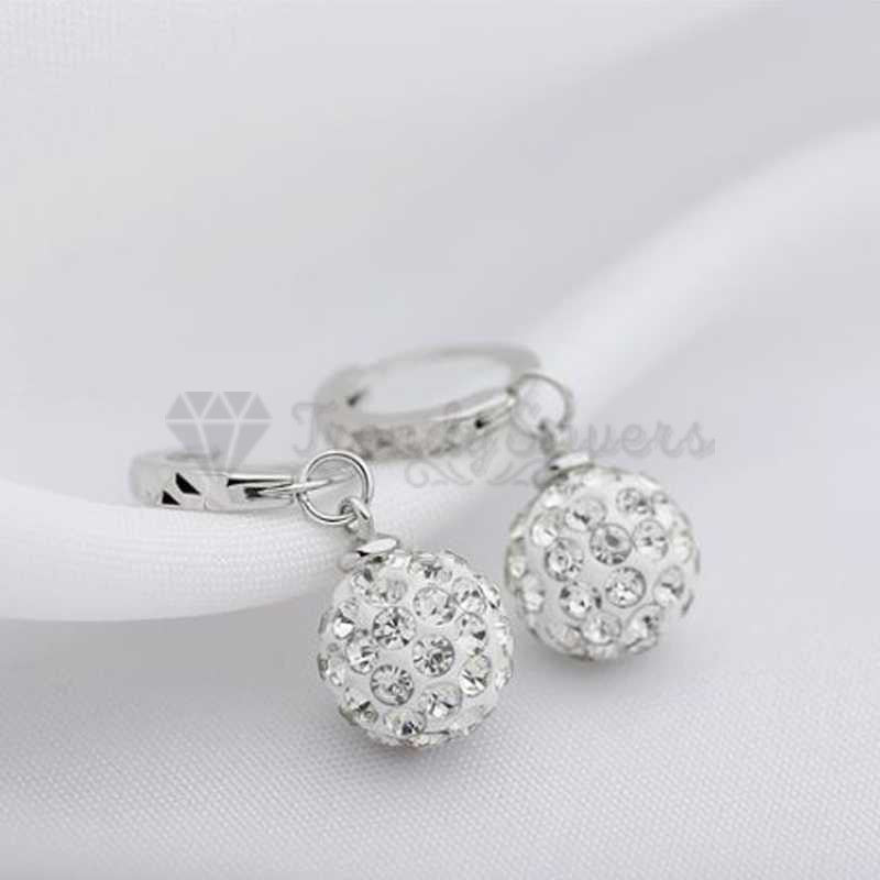 925 Sterling Silver Plated Full Rhinestone Round Fashion Princess Ball Earrings
