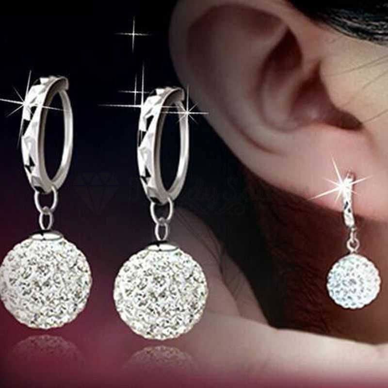 925 Sterling Silver Plated Full Rhinestone Round Fashion Princess Ball Earrings